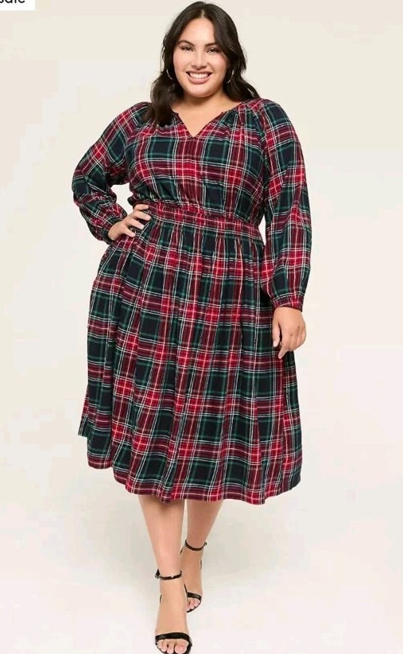 Lane Bryant Plaid Lurex Smocked Midi Shimmer Flannel Dress Red Green Blue